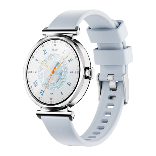 Runmefit GRACE Smart Watch for Women with elegant design, white watch face and soft blue strap.